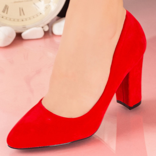 Pantofi cu toc gros dama din material textil rosii MDL01504