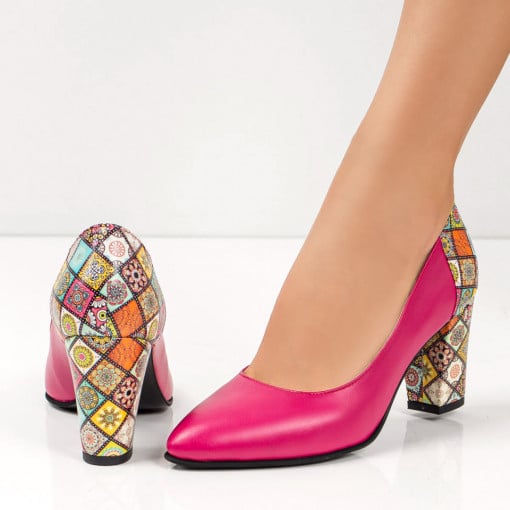 Pantofi cu toc gros dama, Pantofi dama cu toc gros eleganti roz din Piele naturala MDL06142 - modlet.ro
