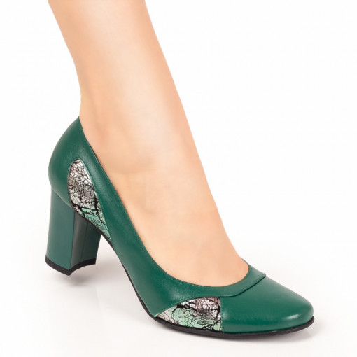 Pantofi cu toc gros dama, Pantofi dama cu toc verzi cu print din Piele naturala MDL06139 - modlet.ro