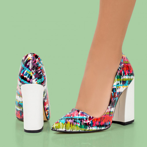 Pantofi dama multicolor cu toc alb gros MDL05640