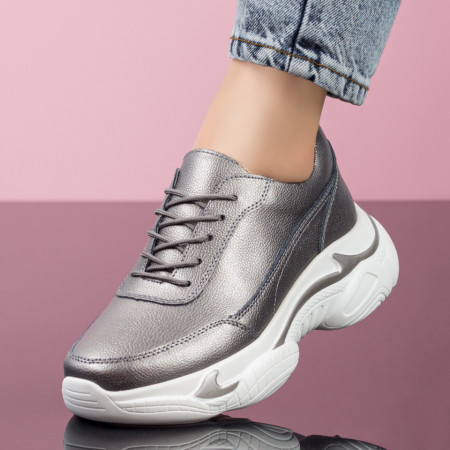 Adidasi dama, Pantofi dama sport cu talpa groasa din Piele naturala argintii MDL07922 - modlet.ro