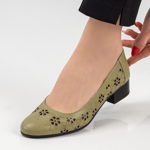 Pantofi dama piele cu toc mic, Pantofi dama verzi casual perforati din Piele cu toc mic MDL04114 - modlet.ro