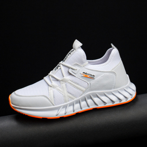 Adidasi trendy barbati, Pantofi sport albi cu portocaliu barbati din material textil MDL03605 - modlet.ro