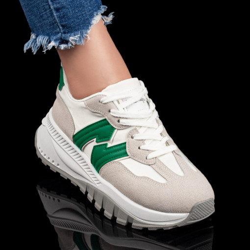 Pantofi sport cu talpa groasa dama alb cu gri si verde MDL07837