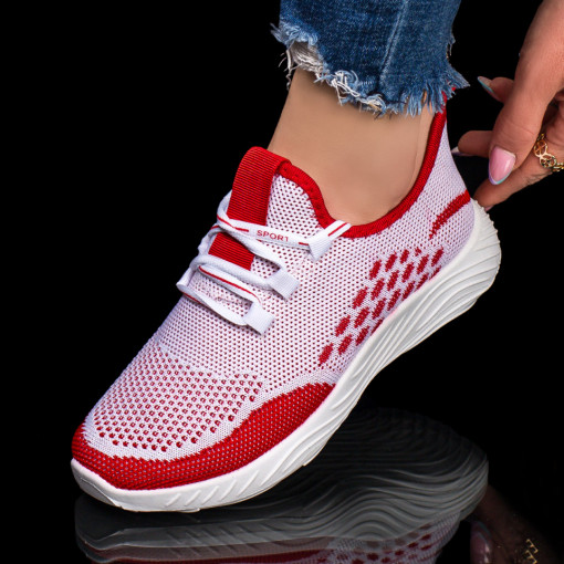 Pantofi sport clasici dama, Pantofi sport dama albi cu rosu din material textil MDL03783 - modlet.ro