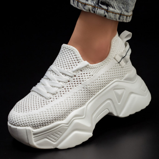 Pantofi sport dama albi din material textil cu talpa groasa MDL03142