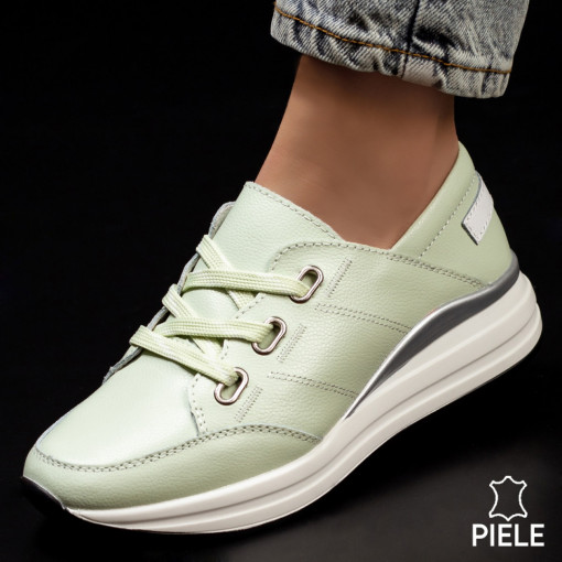 Pantofi sport dama din piele, Pantofi sport dama verzi cu talpa groasa alba din Piele naturala MDL01556 - modlet.ro