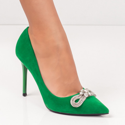 Pantofi Stiletto trendy, Pantofi Stiletto verzi dama cu toc subtire si accesoriu cu pietre aplicate MDL06157 - modlet.ro