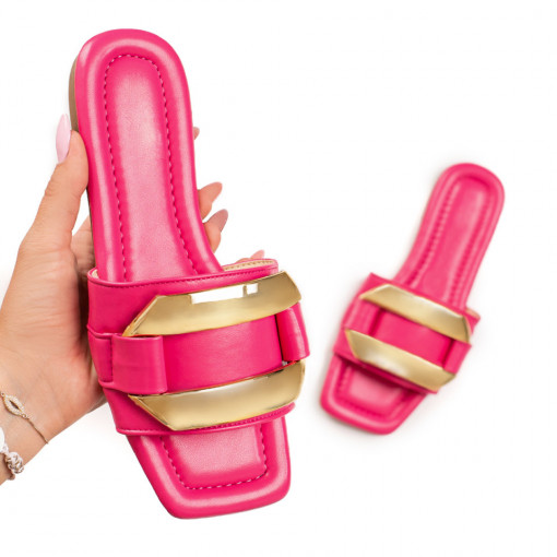 Papuci casual roz inchis dama cu talpa joasa si accesoriu auriu MDL05492
