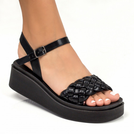 Sandale trendy cu platforma, Sandale dama negre cu platforma cu model impletit MDL05191 - modlet.ro