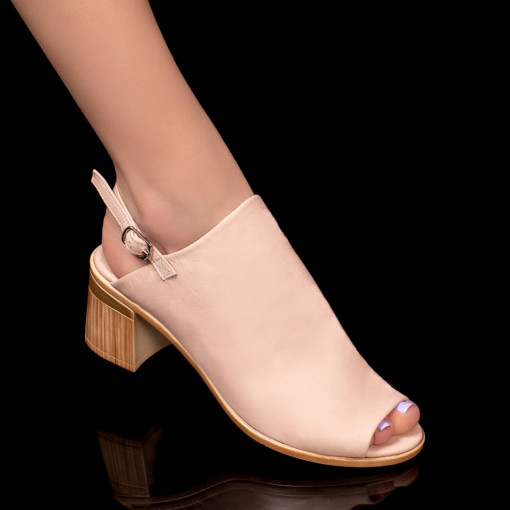 Sandale cu toc din piele naturala, Sandale dama roz din Piele cu toc gros MDL04564 - modlet.ro