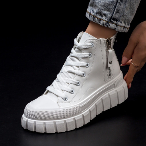 Sneackers trendy dama, Sneakers dama albi cu fermoar lateral decorativ MDL03124 - modlet.ro