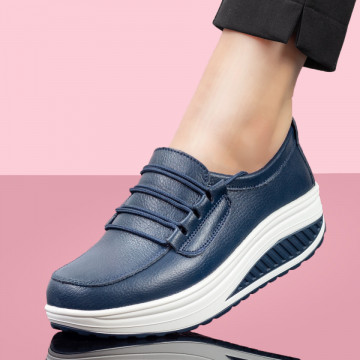 Pantofi dama casual cu platforma din Piele naturala albastre MDL07920