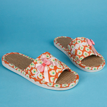 Papuci de casa dama portocalii cu flori din material textil MDL01739