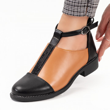 Pantofi casual cu catarama dama negri cu portocaliu din piele ecologica MDL03280