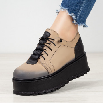 Pantofi casual dama cu talpa groasa din Piele naturala bej MDL07972