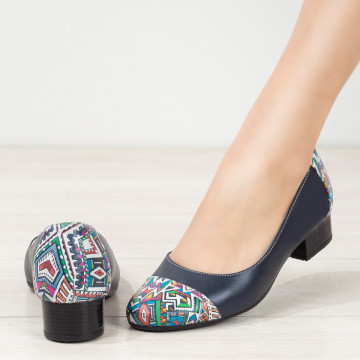 Pantofi dama cu toc mic din Piele naturala albastri cu print MDL07973