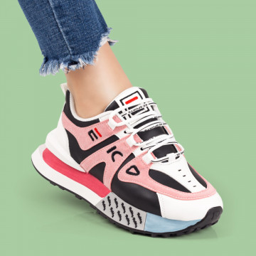 Pantofi sport dama albi cu negru si roz MDL07833