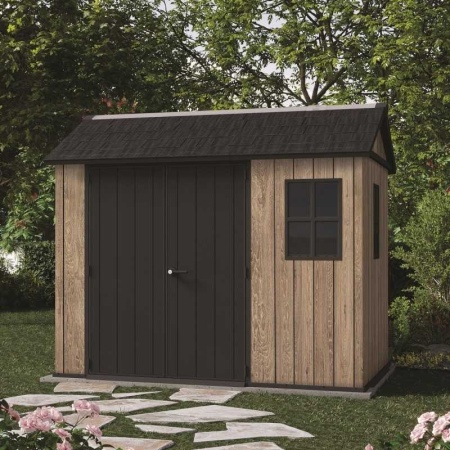 Casuta de gradina, Keter, bej, 287x230x246 cm, colectie Apex 7.5x9/9x7.5, cu doua optiuni de asamblare, usa dubla, ferestre, ventilatie - Img 5
