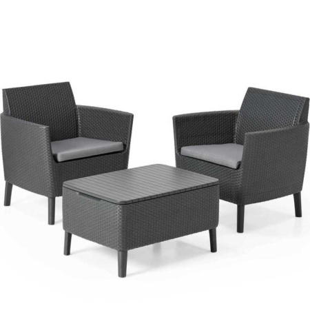 Set mobilier de terasa sau balcon, imitatie ratan, grafit, Keter Salemo, cu masa si 2 fotolii, perne incluse, rezistent UV si intemperii, usor de asamblat si depozitat - Img 5