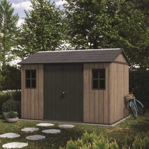 Casuta de gradina, Keter, bej, 350x230x246 cm, colectie Apex 7.5x11/11x7.5, cu doua optiuni de asamblare, usa dubla, ferestre, ventilatie