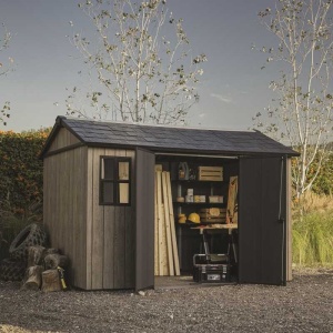 Casuta de gradina, Keter, bej, 350x230x246 cm, colectie Apex 7.5x11/11x7.5, cu doua optiuni de asamblare, usa dubla, ferestre, ventilatie - Img 5