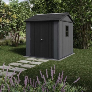 Casuta de gradina, Keter, gri, colectie Newton Plus, 7x7.5, podea, ventilatie, usa dubla, intrare laterala