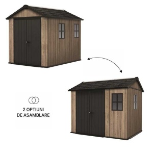 Casuta de gradina, Keter, bej, 287x230x246 cm, colectie Apex 7.5x9/9x7.5, cu doua optiuni de asamblare, usa dubla, ferestre, ventilatie