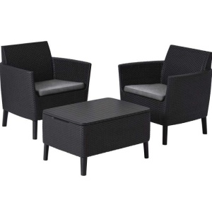 Set mobilier de terasa sau balcon, imitatie ratan, grafit, Keter Salemo, cu masa si 2 fotolii, perne incluse, rezistent UV si intemperii, usor de asamblat si depozitat