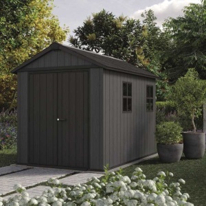 Casuta de gradina, Keter, gri, colectie Newton Plus, 9x7.5, podea, ventilatie, usa dubla, intrare laterala, ransforsare metalica