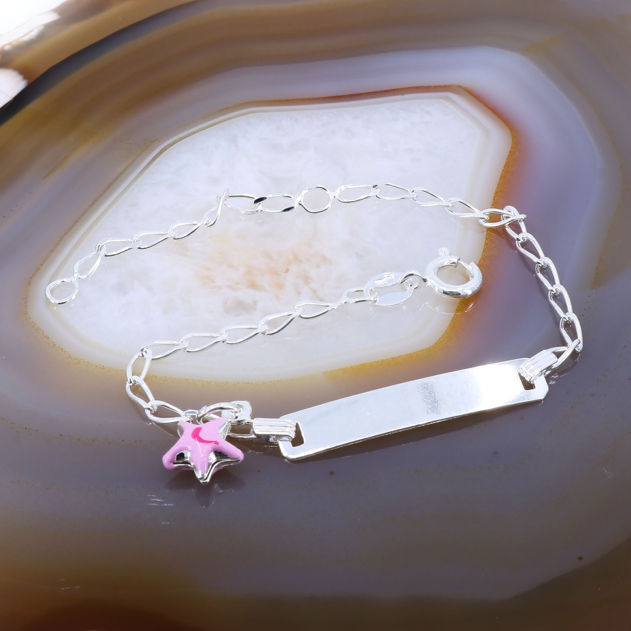 Bratara pentru copii din argint model Placuta si Pandantiv Stea Roz c2780