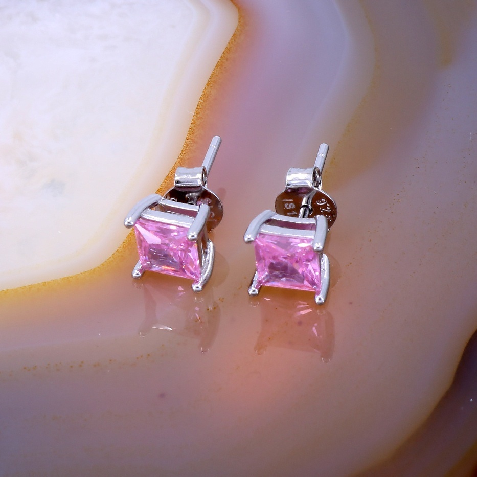 M2kaltesh Roz Cercei cu piatra patrata roz multifatetata din Argint 925 c4329