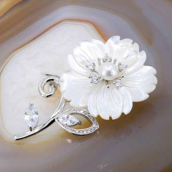 Brosa din Argint 925 model Sidef forma Floare cu Cristale Zirconia cod 259