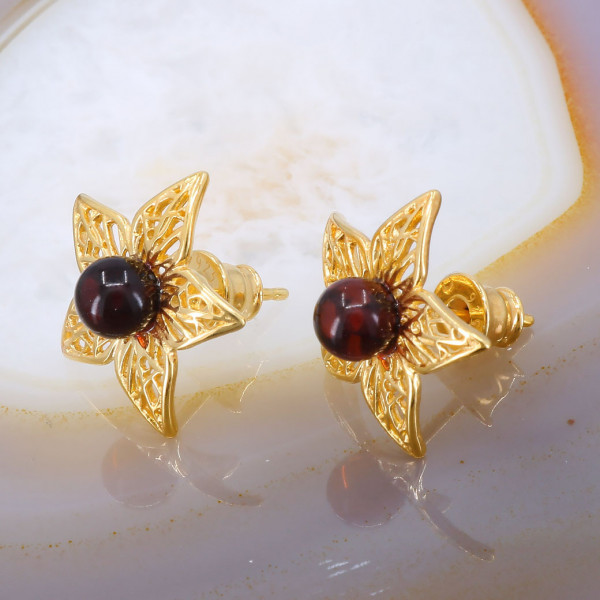 Cercei Floare Stea din Argint 925 Placati cu Aur 18K cu Piatra Chihlimbar cod 3375