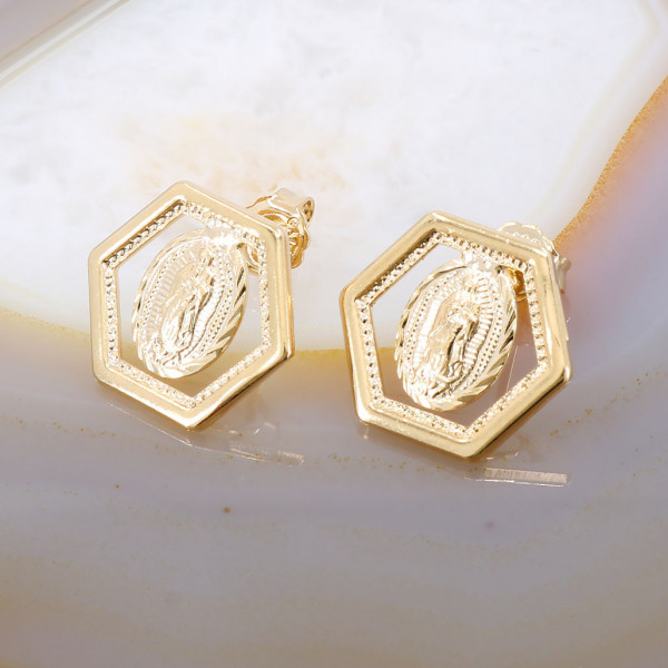 Cercei Hexagonali cu motiv Religios Placati cu Aur Galben 18K cod 3344
