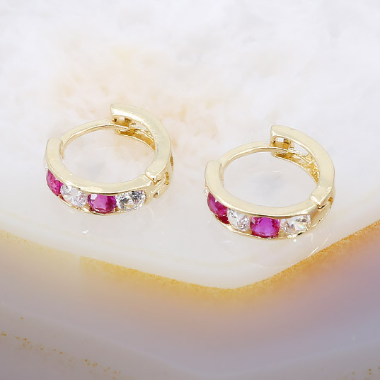 Cercei Mici Rotunzi din Aur 14K 585 cu Cristale Roz si Albe Clare au311