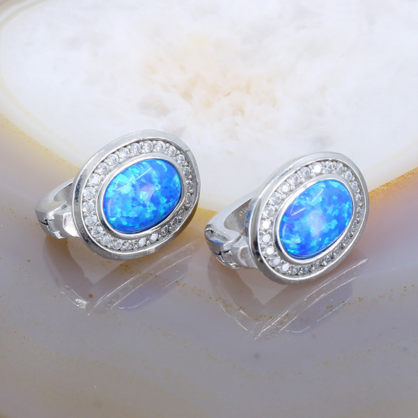 Cercei Ovali din Argint 925 cu Opal Albastru si Cristale Zirconia c3055