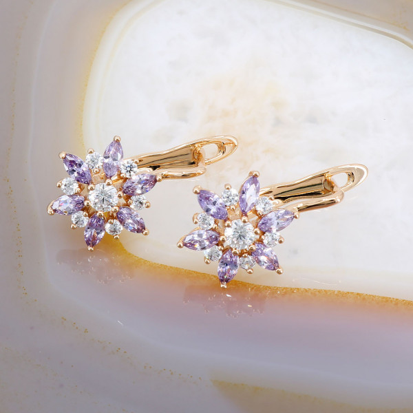 Cercei Placati cu Aur Rose model Stea cu Cristale Zirconia Mov Deschis 3312