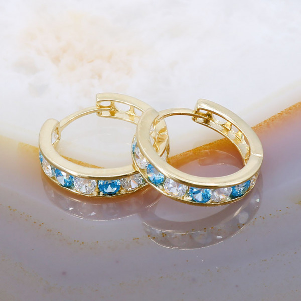 Cercei Rotunzi din Aur 14K 585 cu Deschidere si Cristale Zirconia Albastre cod 445
