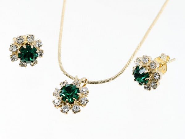 Set Placat cu Aur 18k cu Cristale Verzi si Albe Clare pls289