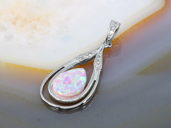 Pandantiv de Argint 925 cu piatra Opal Roz si Cristale Zirconia model Picatura, Lacrima 940