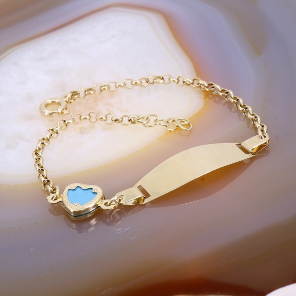 Bratara din Aur 14K 585 pentru Copii model cu placuta si Inima Albastra c760