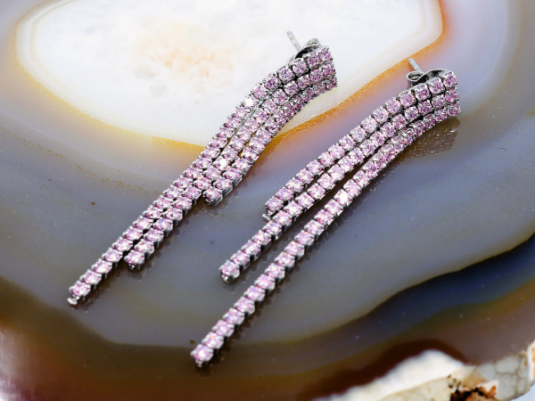 Cercei din Argint model trei randuri perdea Cristale Roz