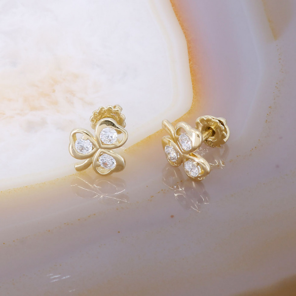 Cercei din Aur Galben 14K 585 Trifoi cu Cristale c660