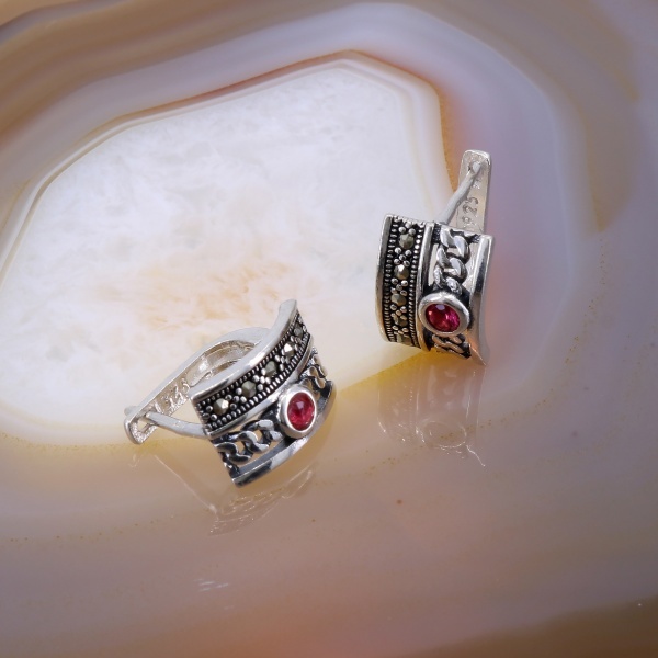Cercei Vintage din Argint 925 cu Marcasite si Cristal Roz