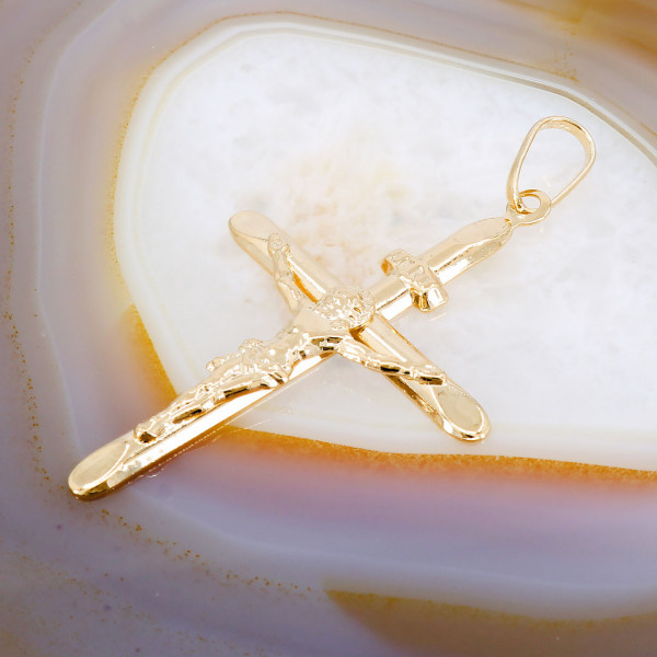 Pandantiv model Cruce Mare cu Isus Placat cu Aur Galben 18K 546
