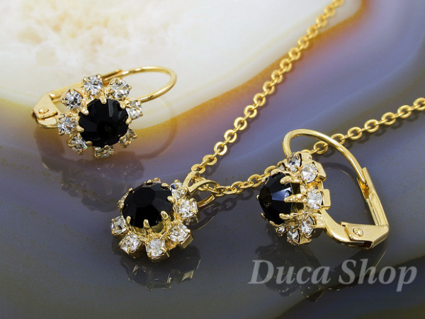 Set Placat Cu Aur 18k, cu Zirconiu culoare Negru si Alb, cod 203
