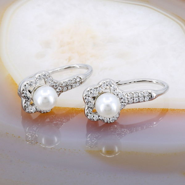 Cercei model Floare din Argint 925 cu Cristal Zirconia si perla Alba c3012