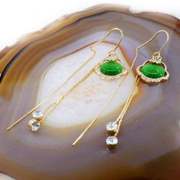 Cercei Placati cu Aur Galben 22K model Agata Verde si Cristale cod 3391