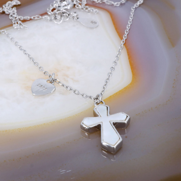 Lant cu Pandantiv Doua Fete Cruce si Inima din Argint 925 cu Cristale Zirconia si Sidef